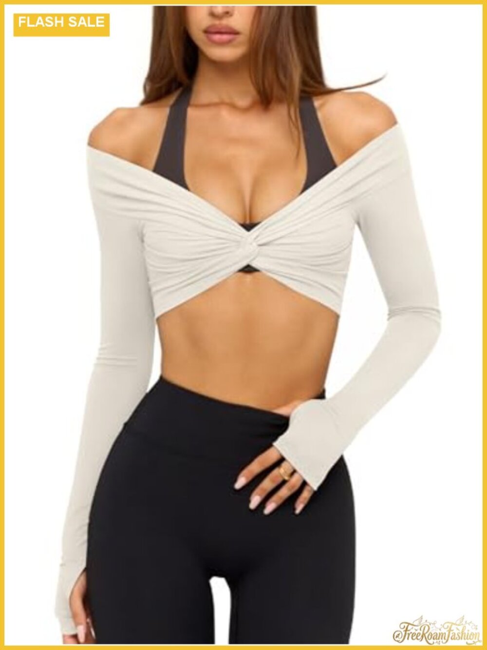 Long Sleeve Twist Front Wrap Crop Top with Thumb Holes - Yoga Pilates Activewear